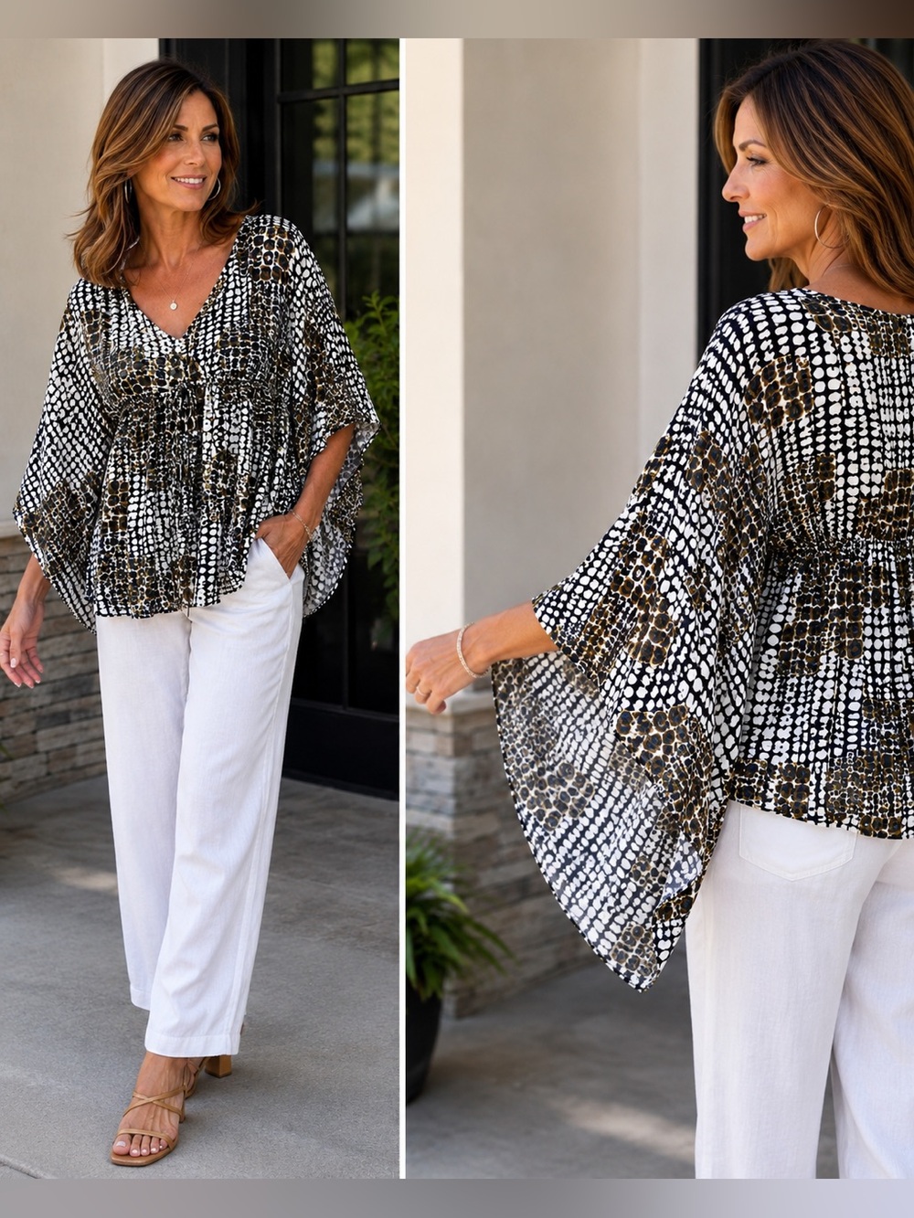 Kenneth Cole New York Animal Print Draped Bell Sleeve Blouse SZ LG